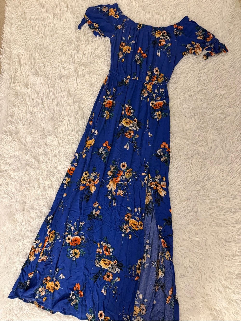 Band of Gypsies Blue Floral Off Shoulder Maxi Dress Small